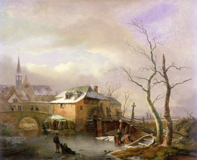 Un paisaje invernal con campesinos en un estanque congelado junto a un pueblo (óleo sobre lienzo) de Ignatius Josephus van Regemorter