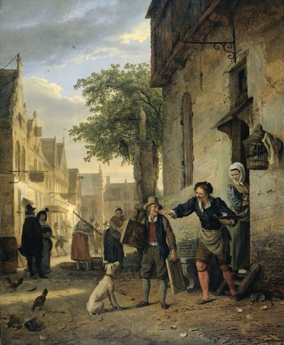 Jan Steen envía a su hijo a la calle para intercambiar cuadros por cerveza y vino de Ignatius Josephus van Regemorter