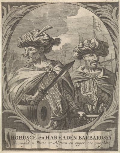 Retratos de Horusce y Hareaden Barbarossa, piratas de Berbería Horusce y Hareaden Barbarroja, Rey de Túnez y Argel y Guardián del Mar Superior (título sobre el objeto) de Ignatius Lux