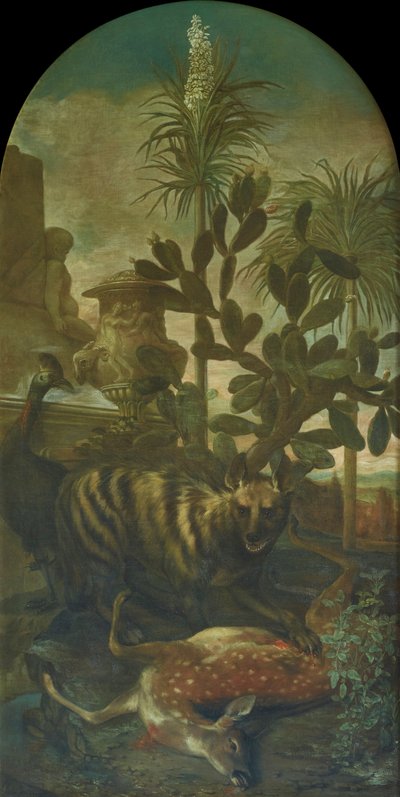Hiena, antílope y casuario en un paisaje de cactus de Ignaz Heinitz von Heinzenthal
