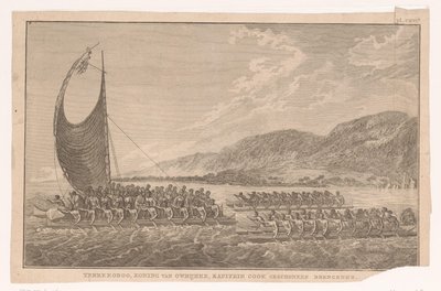 Hawaianos y su rey navegan en canoas hasta James Cook para llevarle regalos Terreeoboo, Rey de Owijhee, Capitán Cook trayendo regalos (título sobre el objeto) de Ignaz Sebastian Klauber (possibly)