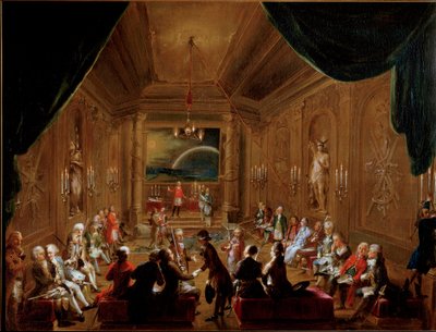 Reunión en Viena de la Logia Masónica de la Esperanza Coronada en 1790. Wolfgang Amadeus Mozart (1756-1791) sentado a la derecha en primer plano de Ignaz Unterberger