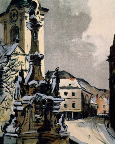Vista de Hainburg an der Donau, Austria, ciudad donde Franz Joseph Haydn (1732-1809) estudió música entre 1738 y 1740, Grabado de Igo Potsch (1884-1943) para celebrar el centenario de la muerte del músico de Igo Potsch