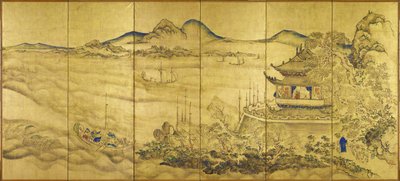 Paisaje con torre, c.1750 (oro, tinta y color sobre papel) de Ike no Taiga