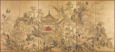 Paisaje con pabellón (Roukaku Sansui Zu, Paisaje con torre) - Parte izquierda de un par de biombos de seis paneles de Ike no Taiga (1723-1776), acuarela y tinta sobre papel, hacia 1750 - Arte japonés del siglo XVIII, paisaje oriental - Nacional de Tokio M de Ike no Taiga