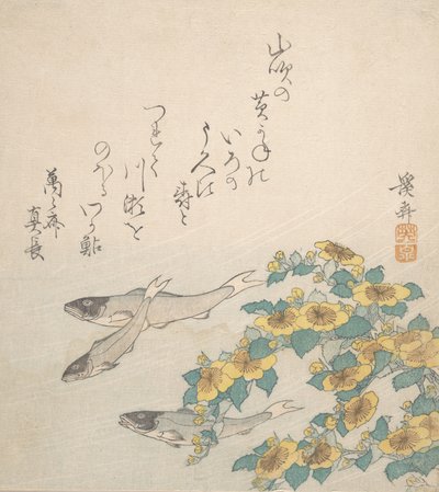 Peces Nadando con Flores Amarillas, ca. 1830 de Ikeda Eisen