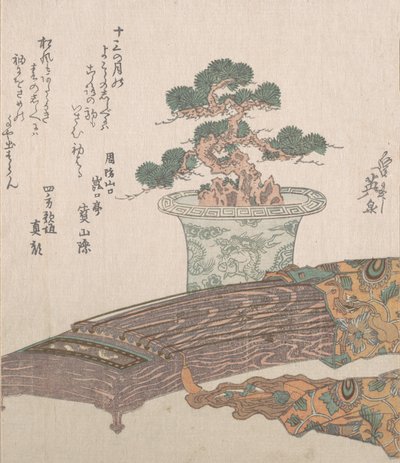 Árbol de pino en maceta y arpa japonesa Koto, siglo XIX de Ikeda Eisen