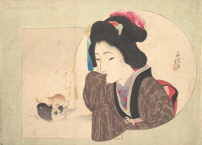 Impresión [mujer y cachorros], principios-mediados del siglo XIX de Ikeda Eisen