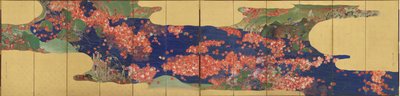 Hojas de arce en un arroyo, pantalla de seis paneles, período Edo de Ikeda Koson