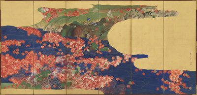 Hojas de arce en un arroyo, pantalla de seis paneles, Período Edo, 1856-58 de Ikeda Koson