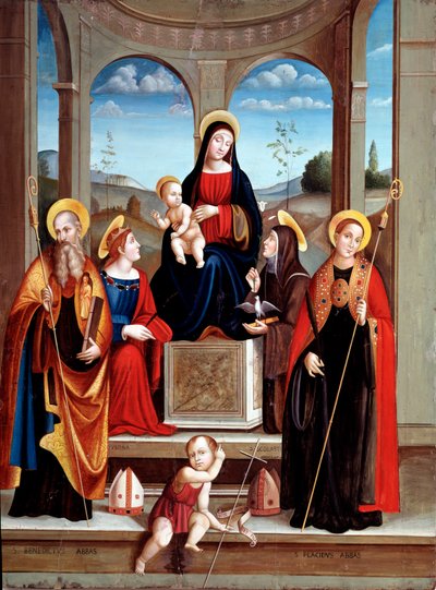 Madonna con el niño y los santos Benito de Nursia, Justina, Plácido y Escolástica de Il  Francia