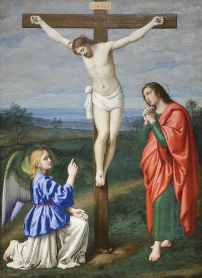 Cristo crucificado entre un ángel y San Juan Evangelista, c.1640 (óleo sobre lienzo) de Il (1609 85) Sassoferrato