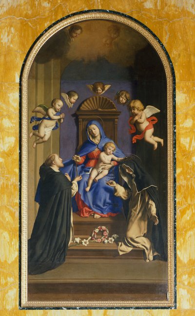 Nuestra Señora del Rosario con San Domingo y Santa Catalina, Capilla de Santa Catalina, Basílica de Santa Sabina, Roma, Italia de Il  Sassoferrato