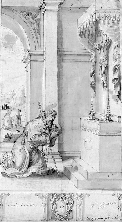 Un santo arrodillado ante un altar con un crucifijo: diseño para un estandarte procesional de Il (c.1550 1611) Sozzo