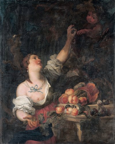 Una mujer recogiendo uvas y un putto junto a un pedestal clásico adornado con frutas de Il Borgognone
