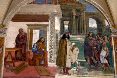 Vida de San Benito, Escena 3: Benito repara un colador roto mediante la oración de Il Sodoma