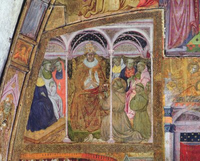 San Francisco implorando al Papa Honorio III por la Confirmación de la Indulgencia, fresco de la Porciúncula, 1393 de Ilario da Viterbo