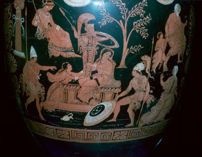 Crátera de volutas de figuras rojas griegas con escena del saqueo de Troya de Illupersis Painter