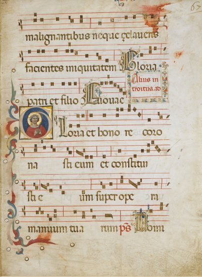 Hoja de manuscrito con una santa femenina posiblemente Dorothy en una inicial G, ca. 1330-40 de Illustratore