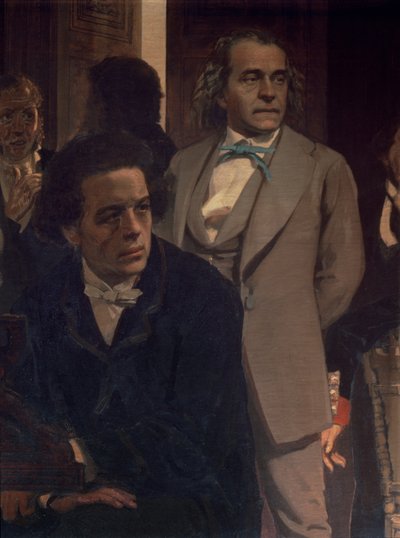 Anton Grigoryevich Rubinstein (1829-94) y Alexander Nikolayevich Serov (1820-71), de Compositores Eslavos, 1890s (detalle) de Ilya Efimovich Repin