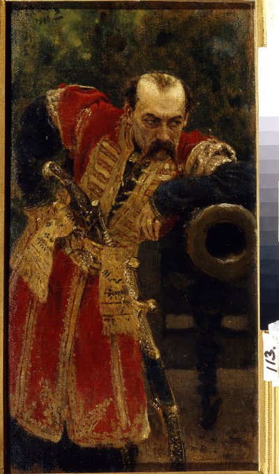 Coronel cosaco de Zaporozhian. (Coronel de la Hueste Zaporizhian). De uniforme, un largo rifle se desliza en su cinturón, se apoya en la boca de un cañón, con una mirada de observación y desafío. Pintura de Ilya Yefimovich Repin (Ilia Repin) (1844-1930), de Ilya Efimovich Repin