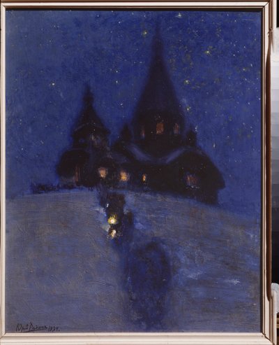 Iglesia de Kuokkala (o Repino, Rusia) en la noche de Navidad. Pintura de Yuri Ilyich Repin (Yuri Repine) (1877-1954), óleo sobre madera, alrededor de 1910. Arte ruso, siglo XX. I. Penates del Museo Memorial Repin, San Petersburgo. de Ilya Efimovich Repin