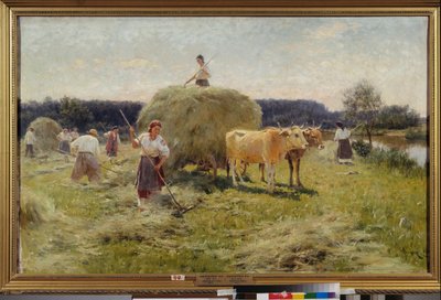 Heno (Escena agrícola de verano, campesinos recogiendo heno en una yunta de bueyes) - Heno - Pintura de Nikolai Kornilovich Pimonenko (1862-1912), óleo sobre lienzo de Ilya Efimovich Repin