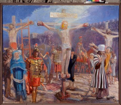 Calvario. (Escena de la Crucifixión). A los lados de la pintura hay representaciones del buen ladrón (también llamado San Dimas o Dysmas) y del mal ladrón (Gesmas o Gestas), dos ladrones crucificados con Jesucristo. Pintura de Yuri Ilyich Repin (Yuri de Ilya Efimovich Repin