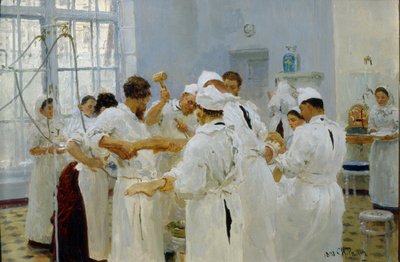 El cirujano Ivan Pavlov (1849-1936) en un quirófano (El cirujano Pavlov en un quirófano). Rodeado de su equipo médico, auxiliares y enfermeras, el cirujano opera a un paciente enfermo. Pintura por Ilya Yefimovich Repin (Ilia Repin) (1 de Ilya Efimovich Repin