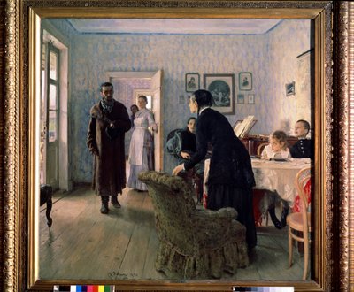 ""El regreso inesperado"" (Retorno inesperado) El regreso inesperado del exilio político en la época de los movimientos nihilistas de la década de 1880. Pintura de Ilya Yefimovich Repin (Ilia Repin) (1844-1930) 1884-1888 Dom. 160 .5 x 167,5 cm La Galería E de Ilya Efimovich Repin