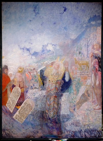 Moisés y los Diez Mandamientos. Detrás de él, el Becerro de Oro. Pintura de Yuri Ilyich Repin (Yuri Repine) (1877-1954), óleo sobre lienzo, ca. 1930. Arte ruso, siglo XX, arte moderno. I. Penates del Museo Memorial Repin, San Petersburgo. de Ilya Efimovich Repin