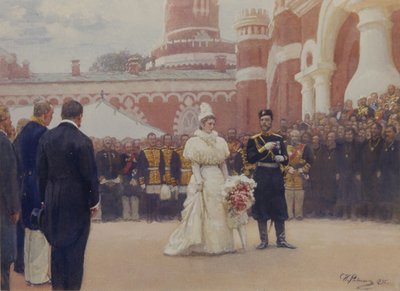 Nicolás II recibiendo a los ancianos del distrito rural el 18 de mayo de 1896 en el patio del Palacio Petrovsky en Moscú, 1897 de Ilya Efimovich Repin