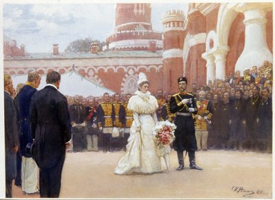 Nicolás II (1868-1918) y su esposa, Alexandra Fedorovna (o Alexandra Feodorovna) (1872-1918), recibiendo a los ancianos del distrito rural, el 18 de mayo de 1896, en el patio del Palacio Petrovsky en Moscú. (Nicholas II recibiendo ancianos del distrito rur de Ilya Efimovich Repin