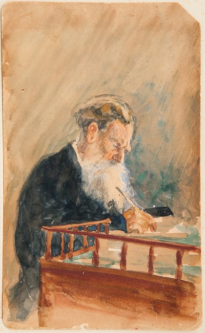 Retrato del autor Leo N Tolstoy (Retrato del autor Leo N Tolstoy) - Obra de Ilya Yefimovich Repin (Ilia Repin) (1844-1930), acuarela sobre papel (16x10 cm), hacia 1900, arte ruso, siglo XX - Privado recopilación de Ilya Efimovich Repin