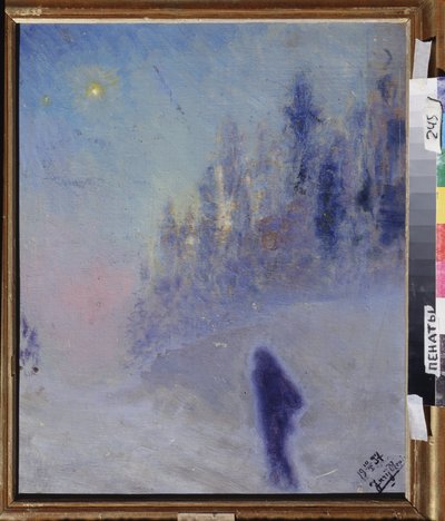Carretera de invierno. Pintura de Yuri Ilyich Repin (1877-1954), óleo sobre madera de Ilya Efimovich Repin