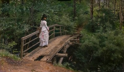 PAISAJE DE VERANO. VERA REPINE EN UN PEQUEÑO PUENTE EN ABRAMTSEVO de Ilya Efimovich Repin