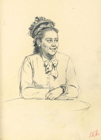Estudio para "Un café parisino": Mujer sentada con lazo y manos cruzadas, c. 1872-1875 de Ilya Efimovich Repin