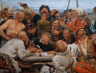 LOS COSACOS ZAPOROGUES ESCRIBIENDO UNA CARTA AL SULTÁN DE TURQUÍA de Ilya Efimovich Repin