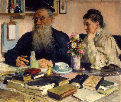 El autor Leo Tolstoy con su esposa en Yasnaya Polyana, 1907 de Ilya Efimovich Repin