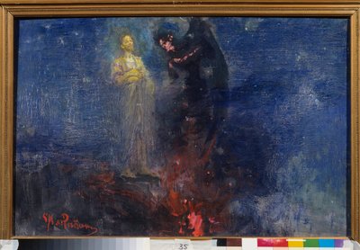 ¡Vete, Satanás! (¡Vete de aquí, Satanás!). (Jesucristo repele al diablo, en un paisaje nocturno). Pintura de Ilya Repin (Ilia Repin) (1844-1930), óleo sobre lienzo, posterior a 1850. Arte ruso de Ilya Efimovich Repin