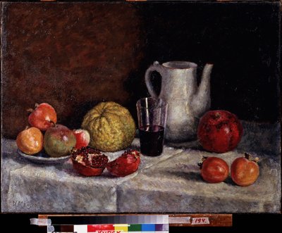 Naturaleza muerta con una granada. Pintura de Ilya Ivanovich Mashkov (Ilia Machkov, Matchkov) (1881-1944), óleo sobre lienzo, finales de 1930. Arte ruso del siglo XX, arte soviético. Regional A. Galería de Arte Deineka, Kursk (Rusia). de Ilya Ivanovich Mashkov