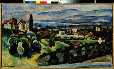Vista de la ciudad de Nervi (Italia). Descripción del paisaje y de la pequeña ciudad en la costa de la Riviera italiana, cerca de Génova, en verano. Pintura de Ilya Ivanovich Mashkov (Ilia Machkov, Matchkov) (1881-1944), óleo sobre lienzo. de Ilya Ivanovich Mashkov