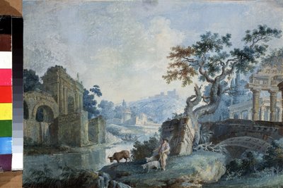 Paisaje italiano. Un pastor lleva a su ganado a beber del río, están rodeados de ruinas. Al fondo, un barco transporta a los pasajeros de una orilla a otra y las fortificaciones cierran el horizonte. Pintura de Ilya Vasilyevich de Ilya Vasilyevich Neyelov