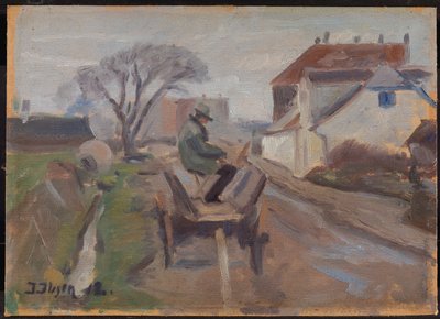 El pintor Ølund Hansen sentado en un carro pintando de Immanuel Ibsen