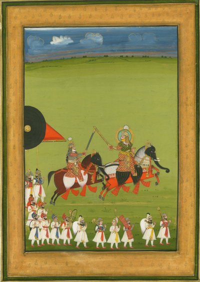 Rajá y su hijo en caballos disfrazados de elefantes, y suite de asistentes, c. 1810 de Indian Art