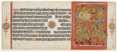 (1) Kalaka ejercita su caballo; (2) Kalaka escucha a Gunakara predicar, del Kalakacharya Katha de Indian School