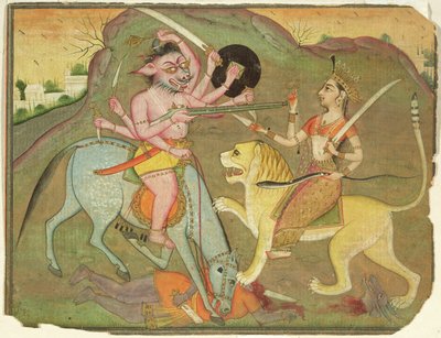 Durga en combate con Mahishasura, del folio de 