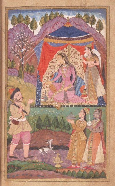 Folio 138 Farhad cuenta sus aventuras a la Princesa Shirin, del Khusrau y Shirin, Escuela Deccani, 1722 de Indian School