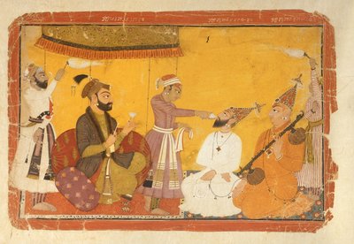 Gosain Narayan toma veneno en presencia del Emperador Jahangir, Nurpur, Escuela Pahari, 1725 de Indian School