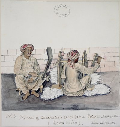 AS10 Vol.52 ff.3 4896.cat.201 i-iv Dos hombres desmotando algodón, Bombay, c.1873 (acuarela sobre papel) de Indian School